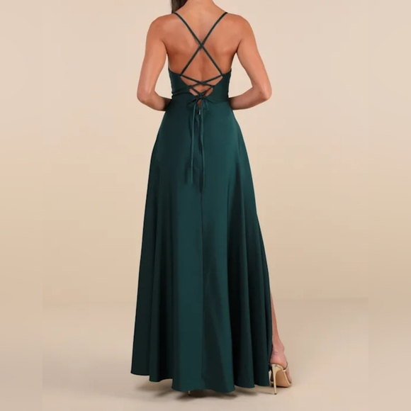 Lulus Stylish Grace Emerald Backless Lace-Up Ruffled Maxi Dress, Size Large - Picture 3 of 10